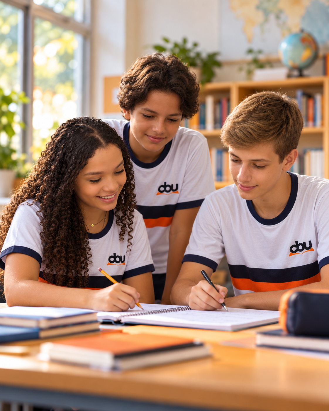 Três estudantes do CBU em atividade colaborativa de aprendizagem